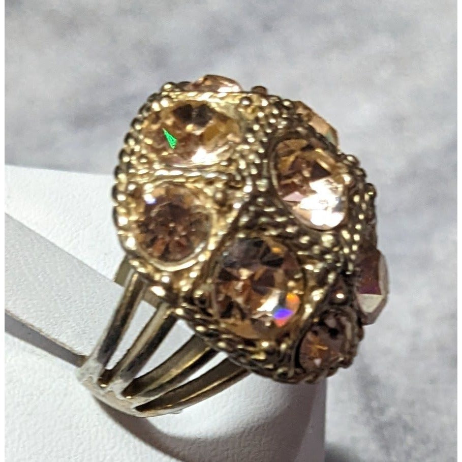 Champagne Gemmed Glam Gold Tone Statement Ring Size 7