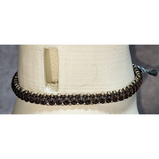 Boho Woven Beaded Bracelet Blue Brown Silver Tone Adjustable Cord Friendship Style