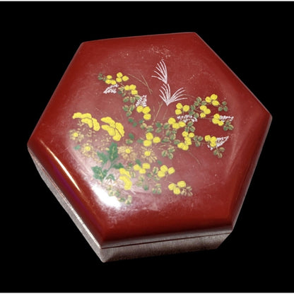 Vintage Floral Red Plastic Hexagonal Lidded Trinket Box