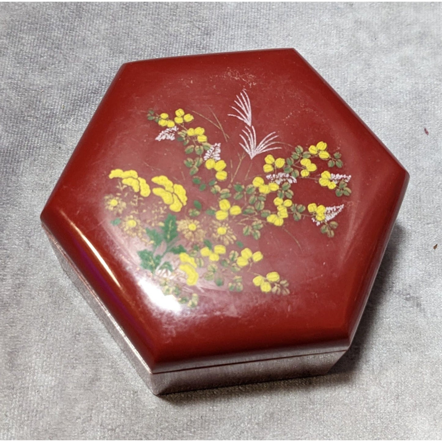 Vintage Floral Red Plastic Hexagonal Lidded Trinket Box