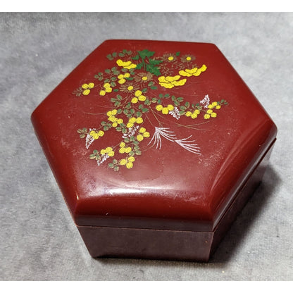 Vintage Floral Red Plastic Hexagonal Lidded Trinket Box