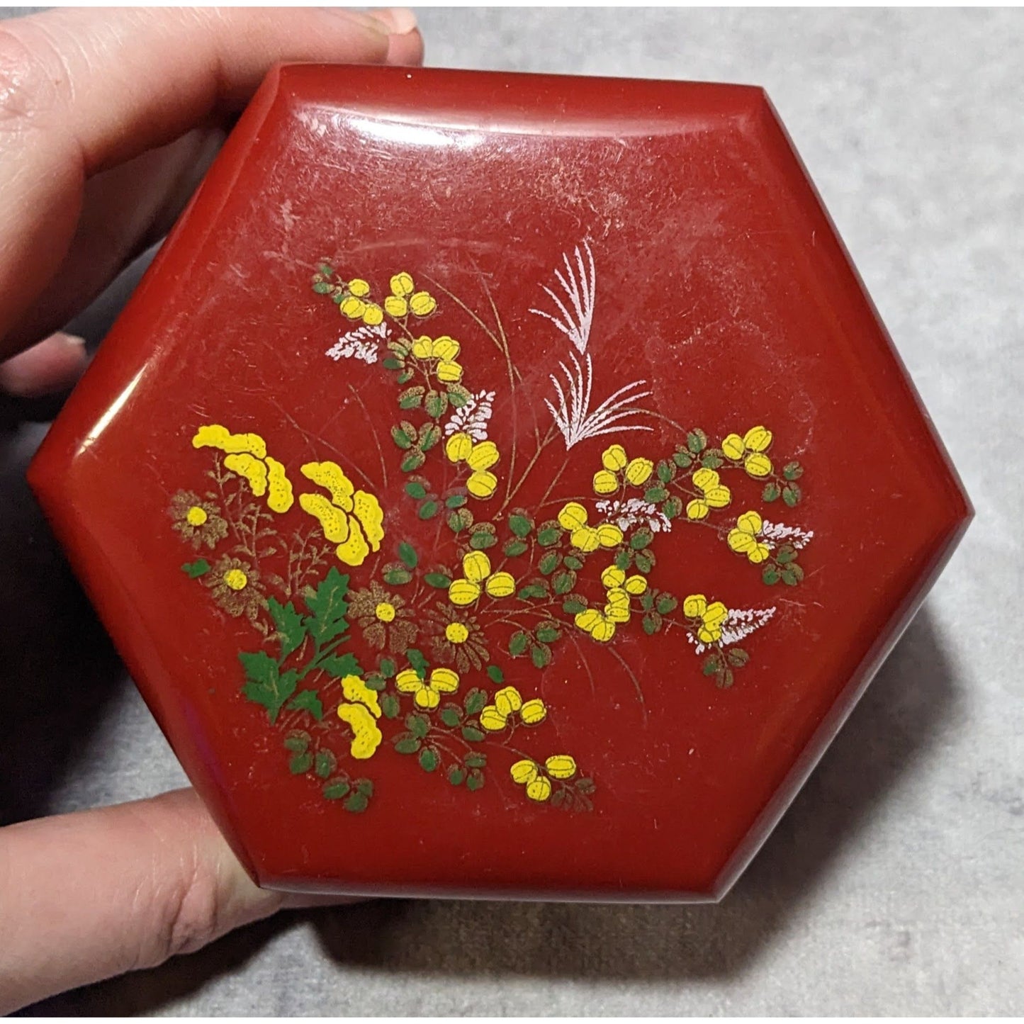 Vintage Floral Red Plastic Hexagonal Lidded Trinket Box