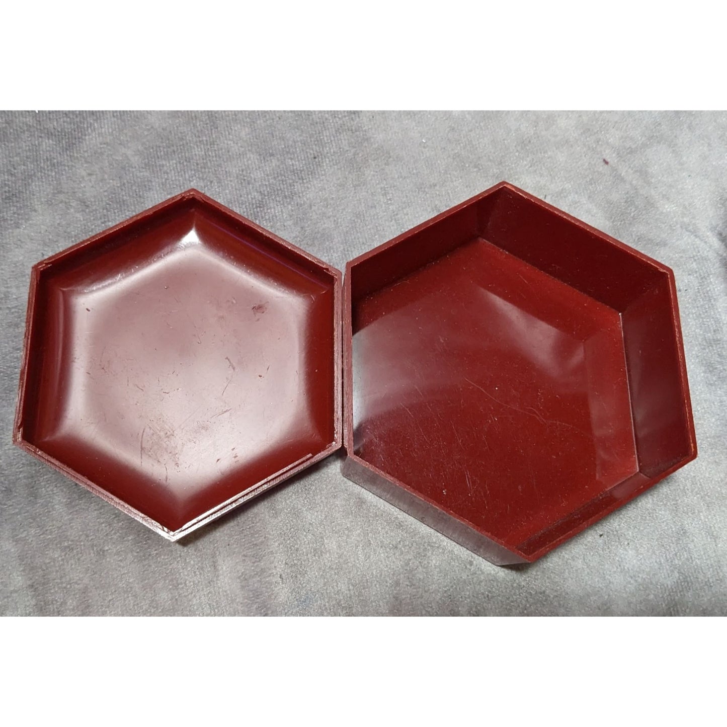 Vintage Floral Red Plastic Hexagonal Lidded Trinket Box