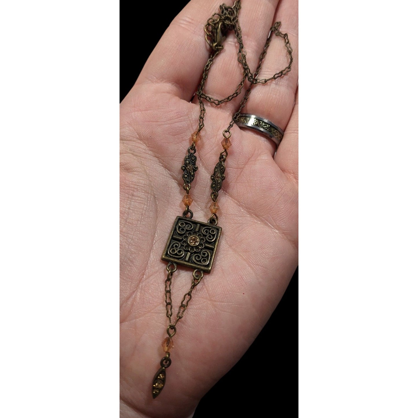 Vintage Floral Antiqued Gold Tone Necklace With Champagne Rhinestone Accents