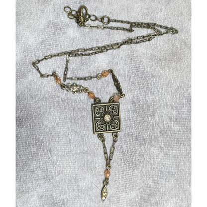 Vintage Floral Antiqued Gold Tone Necklace With Champagne Rhinestone Accents