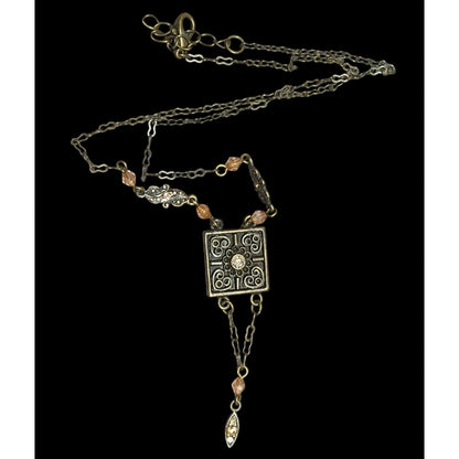 Vintage Floral Antiqued Gold Tone Necklace With Champagne Rhinestone Accents