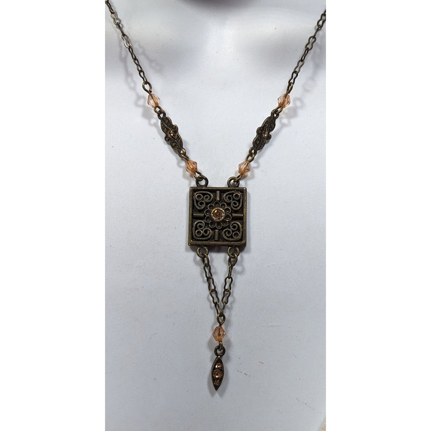 Vintage Floral Antiqued Gold Tone Necklace With Champagne Rhinestone Accents