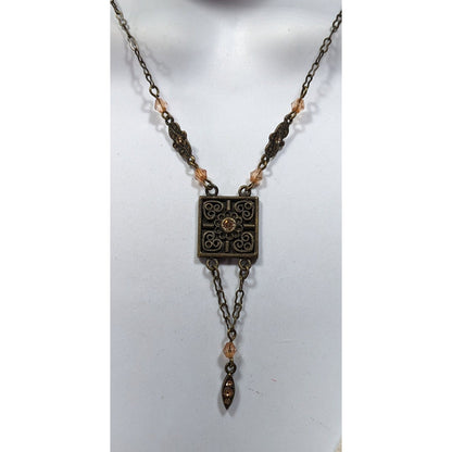Vintage Floral Antiqued Gold Tone Necklace With Champagne Rhinestone Accents