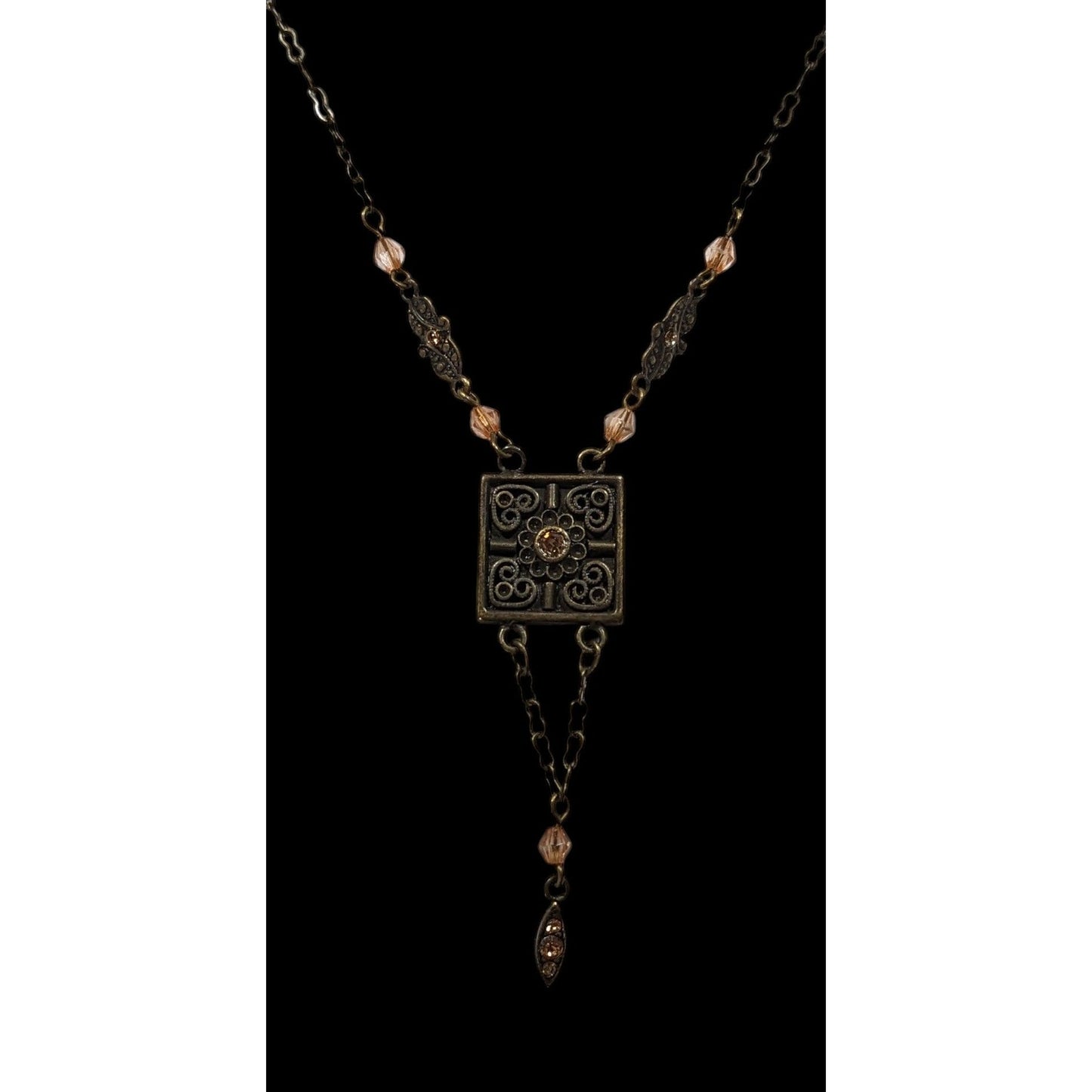 Vintage Floral Antiqued Gold Tone Necklace With Champagne Rhinestone Accents