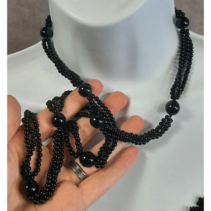 Black Beaded Gothic Glass Necklace Elegant Multi-Strand Design With Glossy Accents