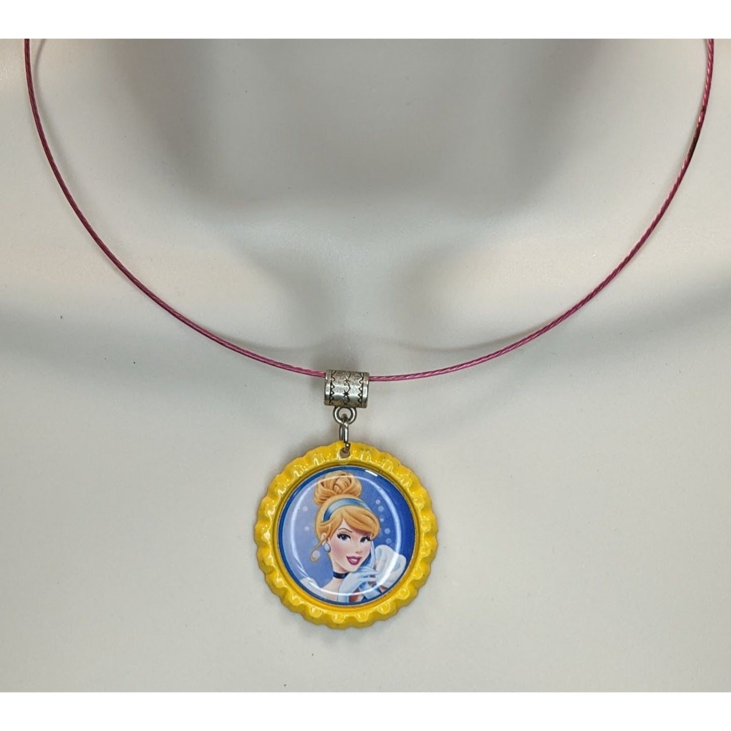Cinderella Bottle Cap Pendant Necklace Disney Princess Pink & Yellow Kidcore Charm
