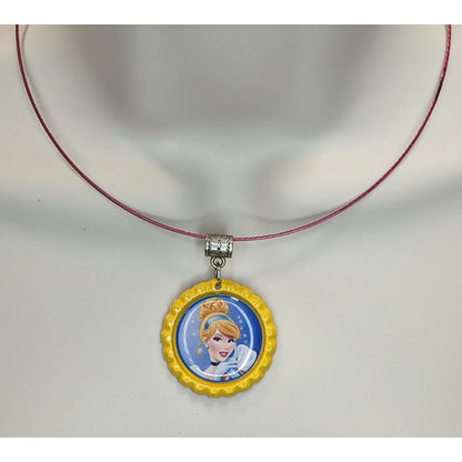 Cinderella Bottle Cap Pendant Necklace Disney Princess Pink & Yellow Kidcore Charm
