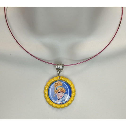 Cinderella Bottle Cap Pendant Necklace Disney Princess Pink & Yellow Kidcore Charm