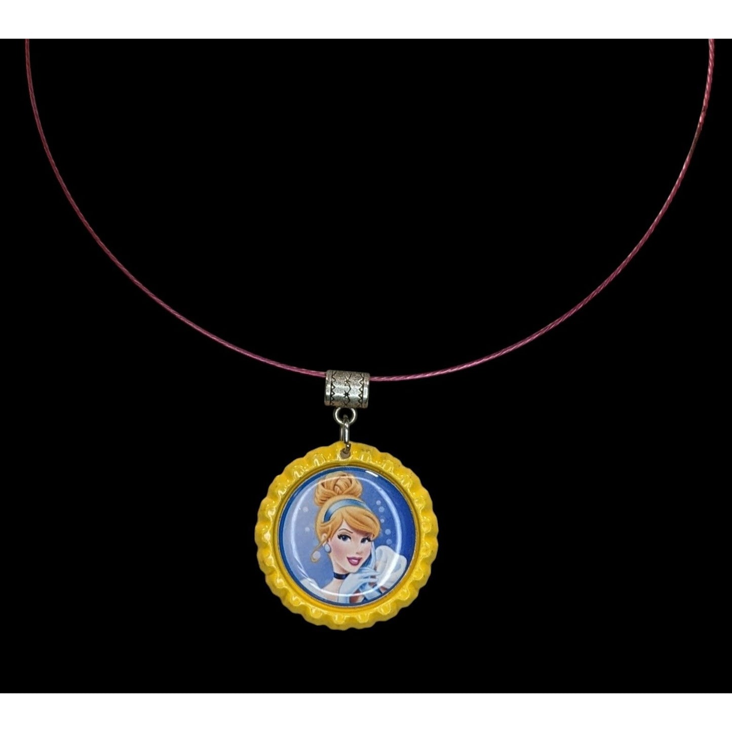 Cinderella Bottle Cap Pendant Necklace Disney Princess Pink & Yellow Kidcore Charm