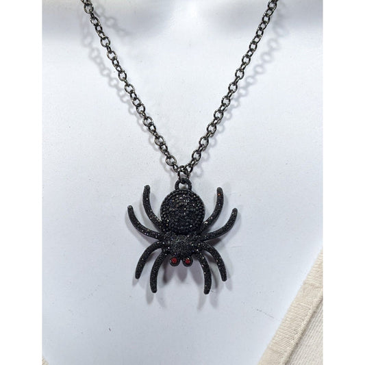 Gothic Halloween Black Glitter Spider Necklace
