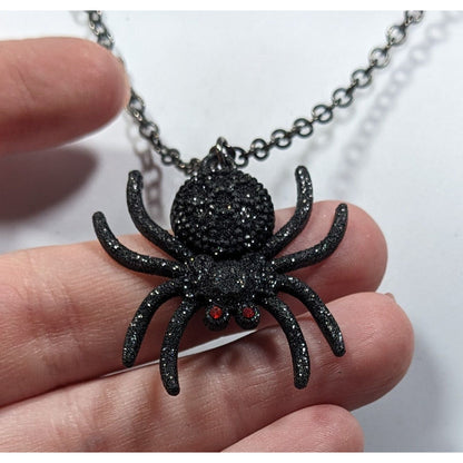 Gothic Halloween Black Glitter Spider Necklace