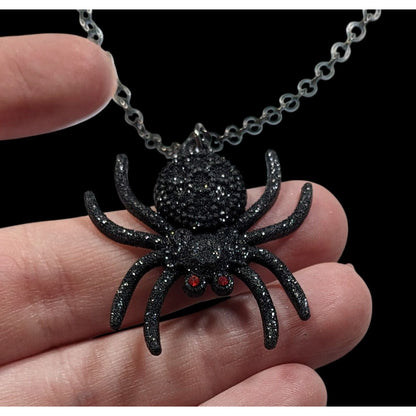 Gothic Halloween Black Glitter Spider Necklace