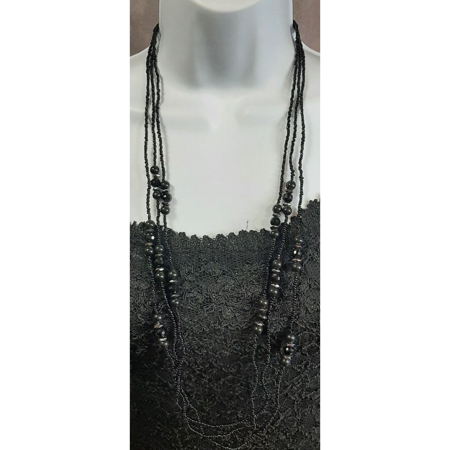 Gothic Black Beaded Multi-Strand Necklace With Faceted Accents