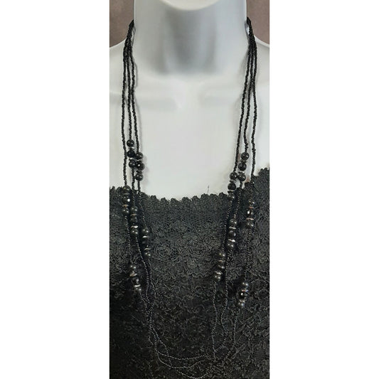 Gothic Black Beaded Multi-Strand Necklace With Faceted Accents