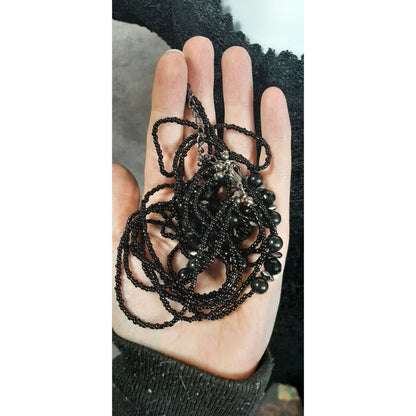 Gothic Black Beaded Multi-Strand Necklace With Faceted Accents