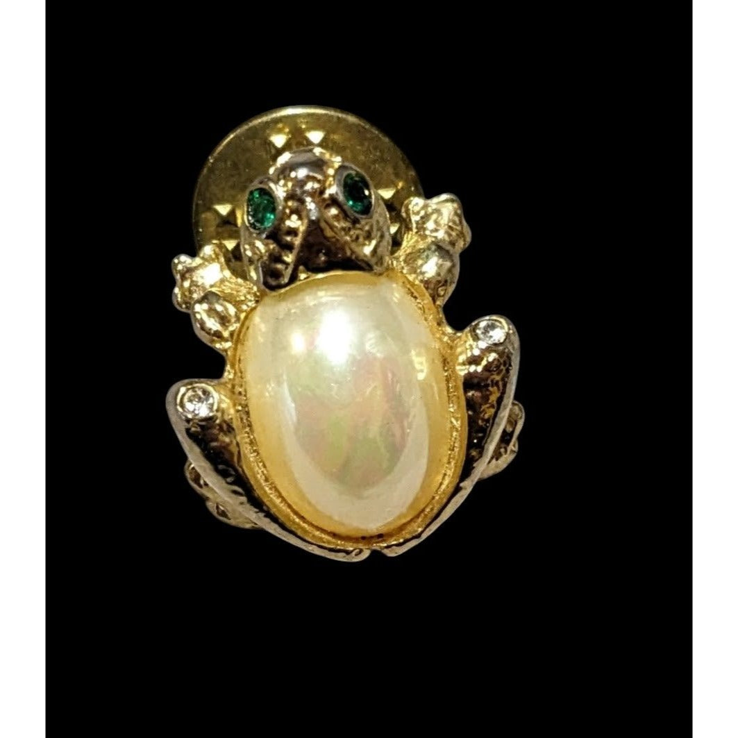 Vintage Gold Tone Faux Pearl Frog Lapel Pin