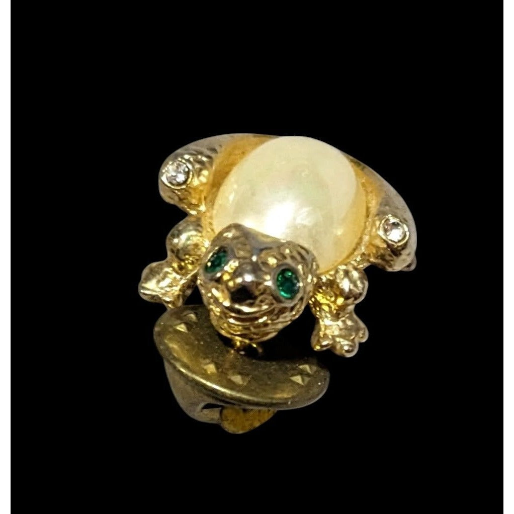 Vintage Gold Tone Faux Pearl Frog Lapel Pin