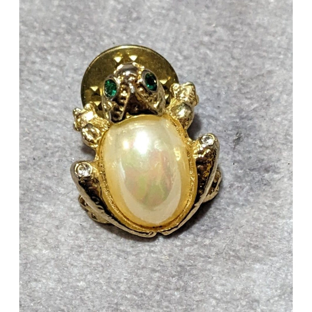 Vintage Gold Tone Faux Pearl Frog Lapel Pin