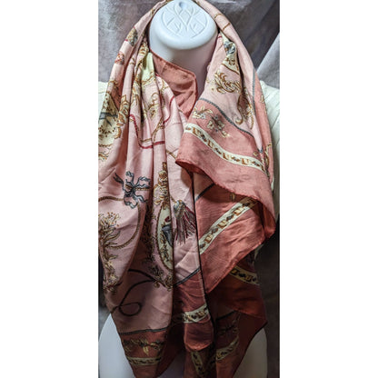 Vintage Pink And Brown Silk Feeling Polyester Scarf