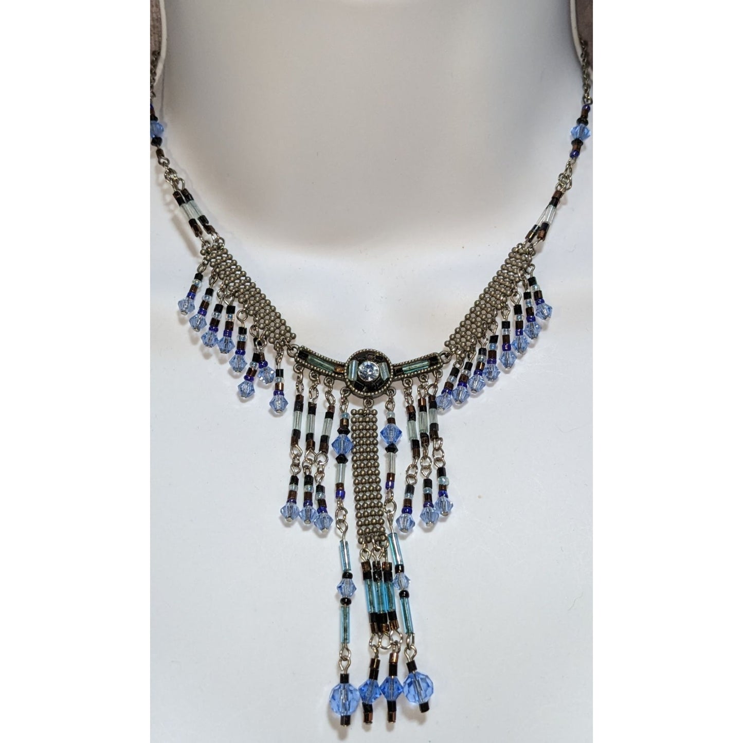 Blue Crystal Fringe Statement Necklace Vintage Beaded Bib Silver Tone Festival Jewelry