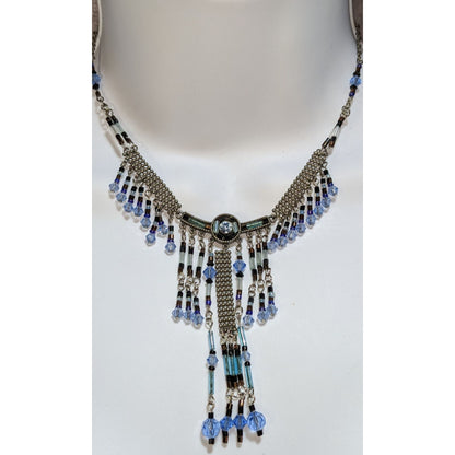 Blue Crystal Fringe Statement Necklace Vintage Beaded Bib Silver Tone Festival Jewelry