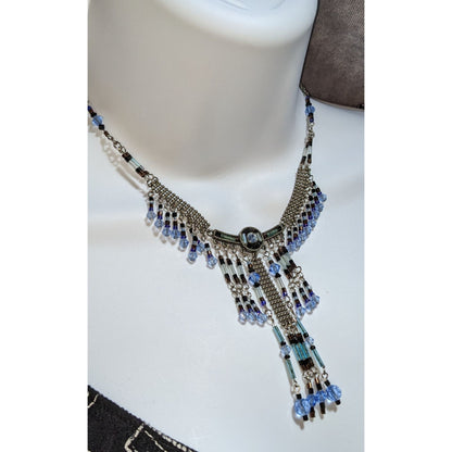 Blue Crystal Fringe Statement Necklace Vintage Beaded Bib Silver Tone Festival Jewelry