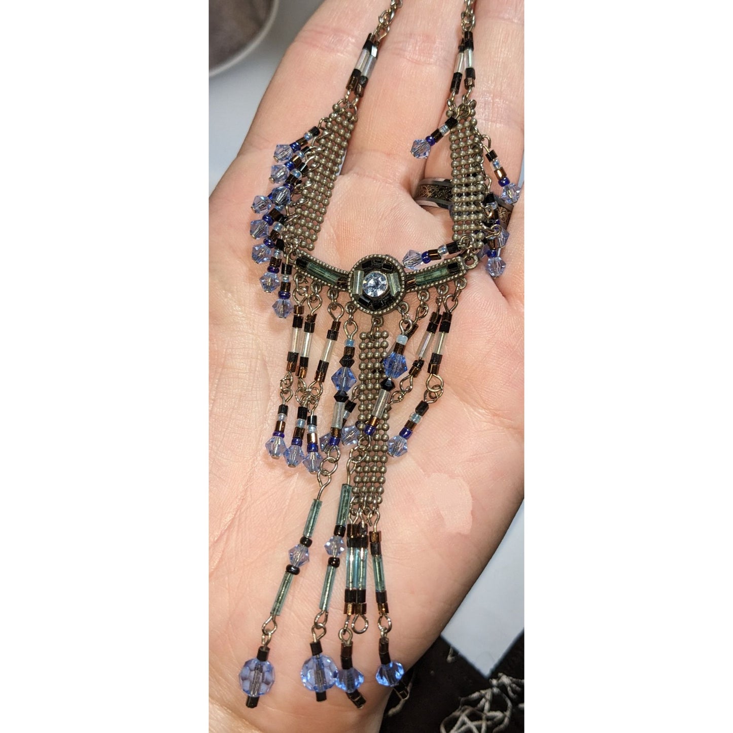 Blue Crystal Fringe Statement Necklace Vintage Beaded Bib Silver Tone Festival Jewelry