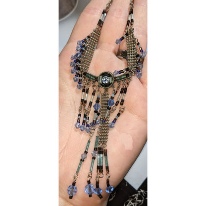 Blue Crystal Fringe Statement Necklace Vintage Beaded Bib Silver Tone Festival Jewelry
