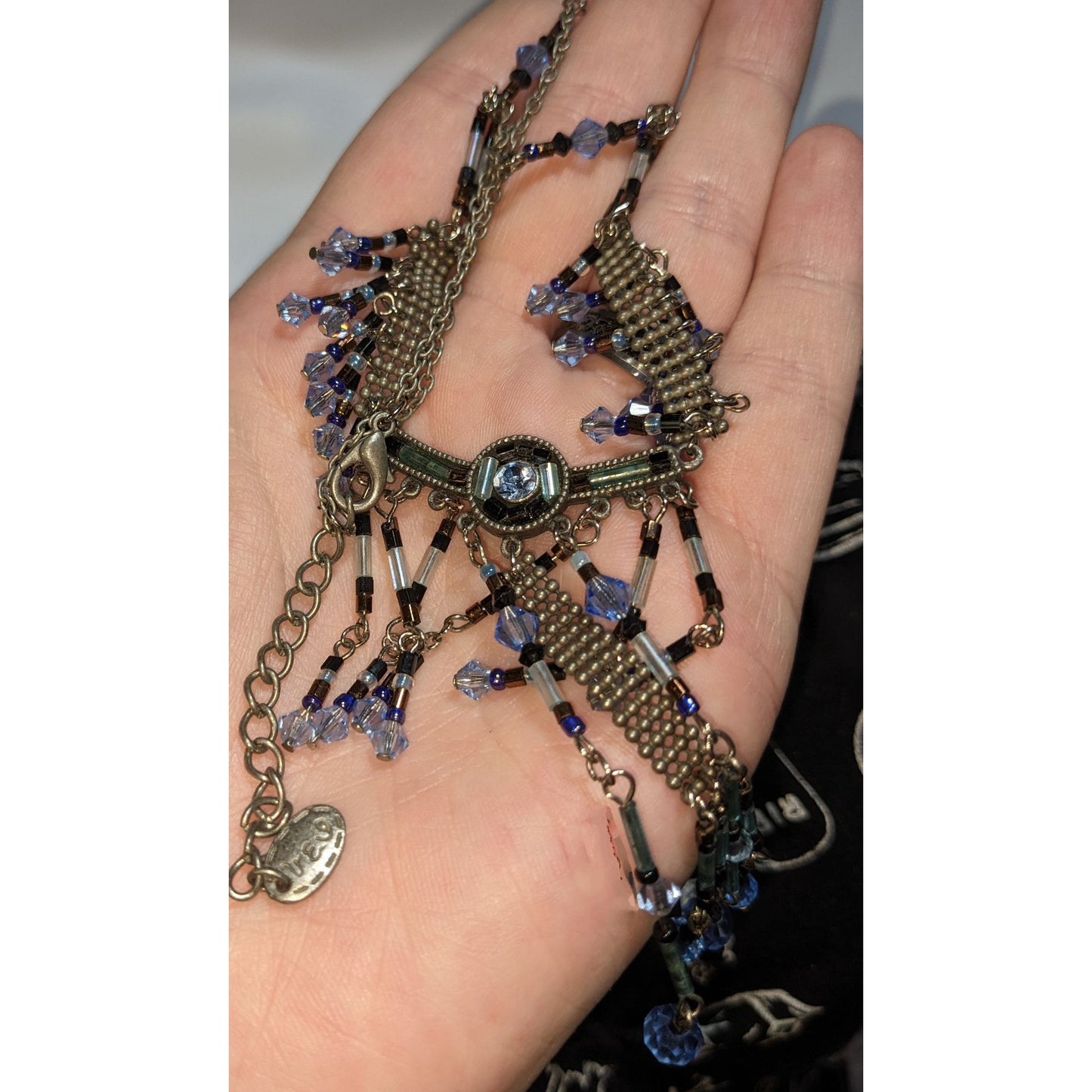 Blue Crystal Fringe Statement Necklace Vintage Beaded Bib Silver Tone Festival Jewelry
