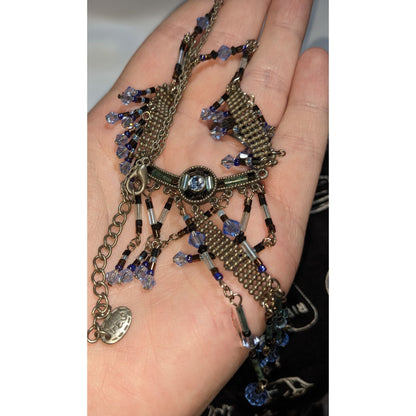 Blue Crystal Fringe Statement Necklace Vintage Beaded Bib Silver Tone Festival Jewelry