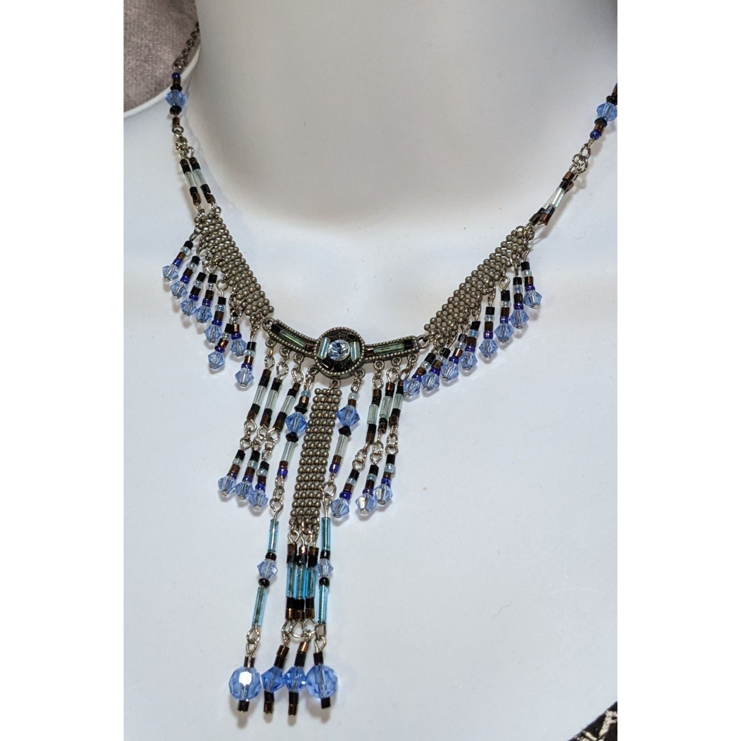 Blue Crystal Fringe Statement Necklace Vintage Beaded Bib Silver Tone Festival Jewelry