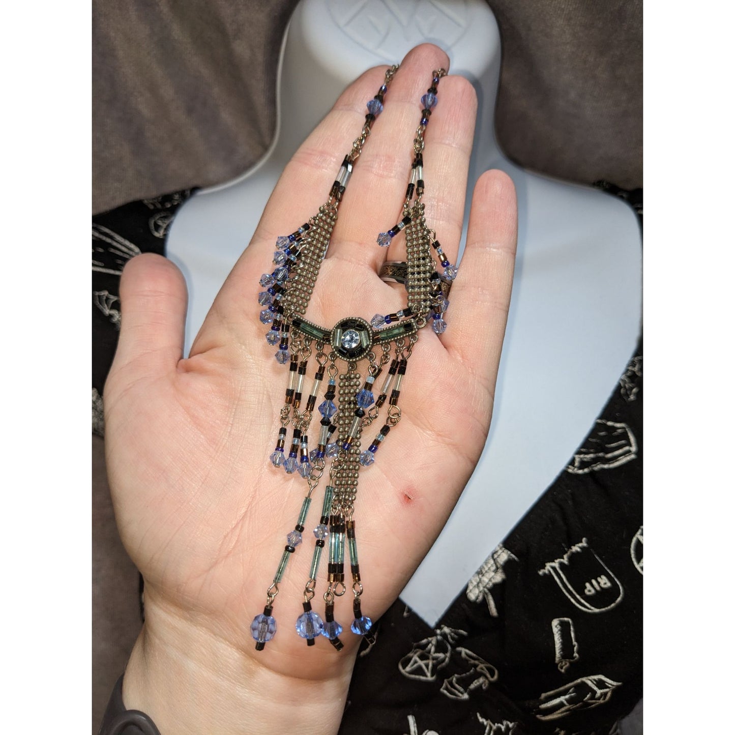 Blue Crystal Fringe Statement Necklace Vintage Beaded Bib Silver Tone Festival Jewelry