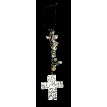 Be Blessed Silver Tone Hammered Beaded Cross Hanging Ornament