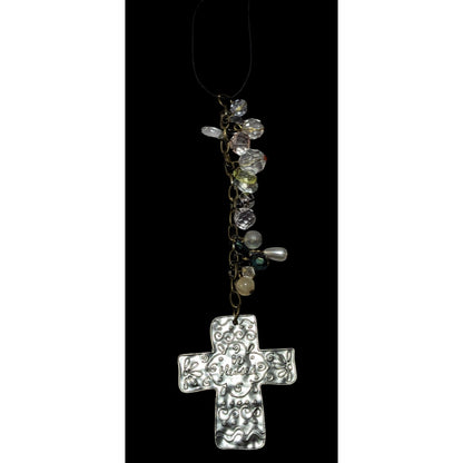 Be Blessed Silver Tone Hammered Beaded Cross Hanging Ornament