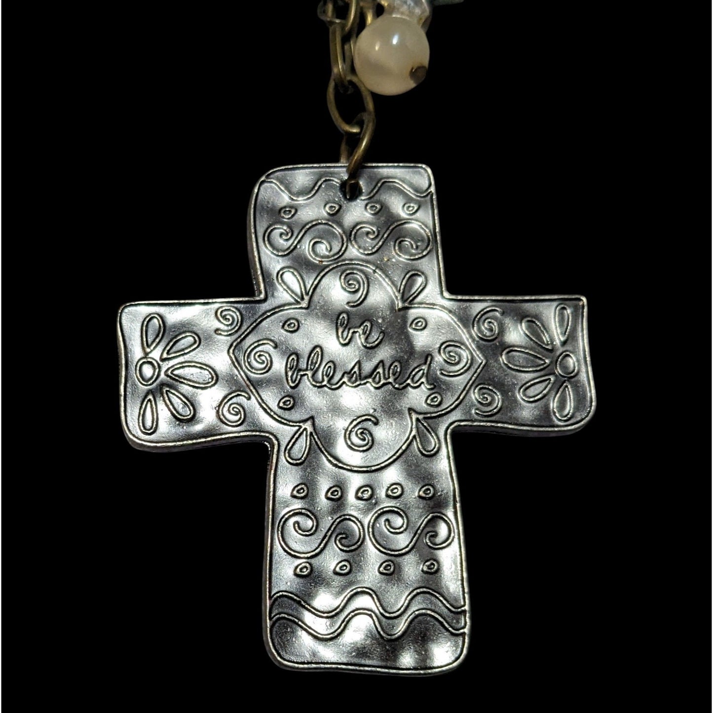 Be Blessed Silver Tone Hammered Beaded Cross Hanging Ornament