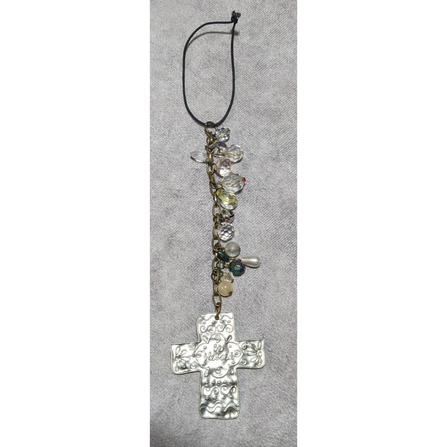 Be Blessed Silver Tone Hammered Beaded Cross Hanging Ornament