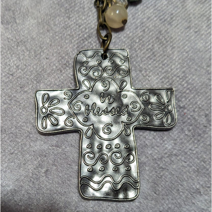 Be Blessed Silver Tone Hammered Beaded Cross Hanging Ornament