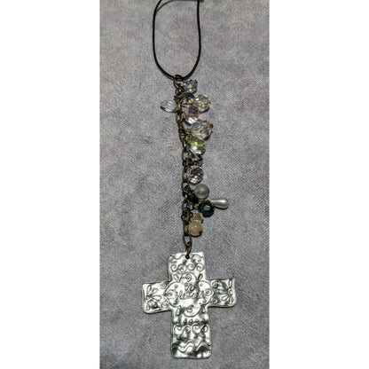 Be Blessed Silver Tone Hammered Beaded Cross Hanging Ornament