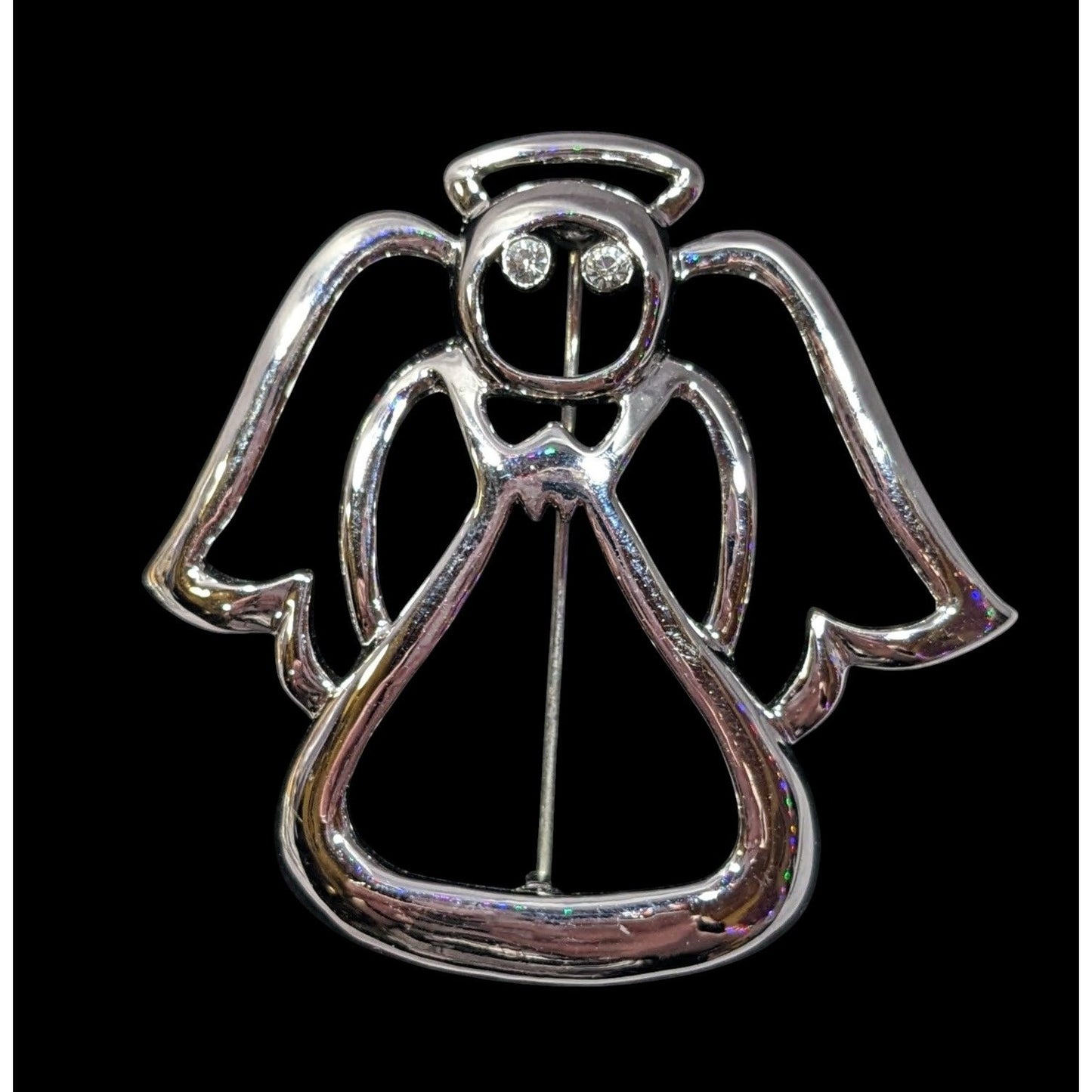 Whimsical Bright Silver Tone Angel Brooch With Rhinestone Eyes