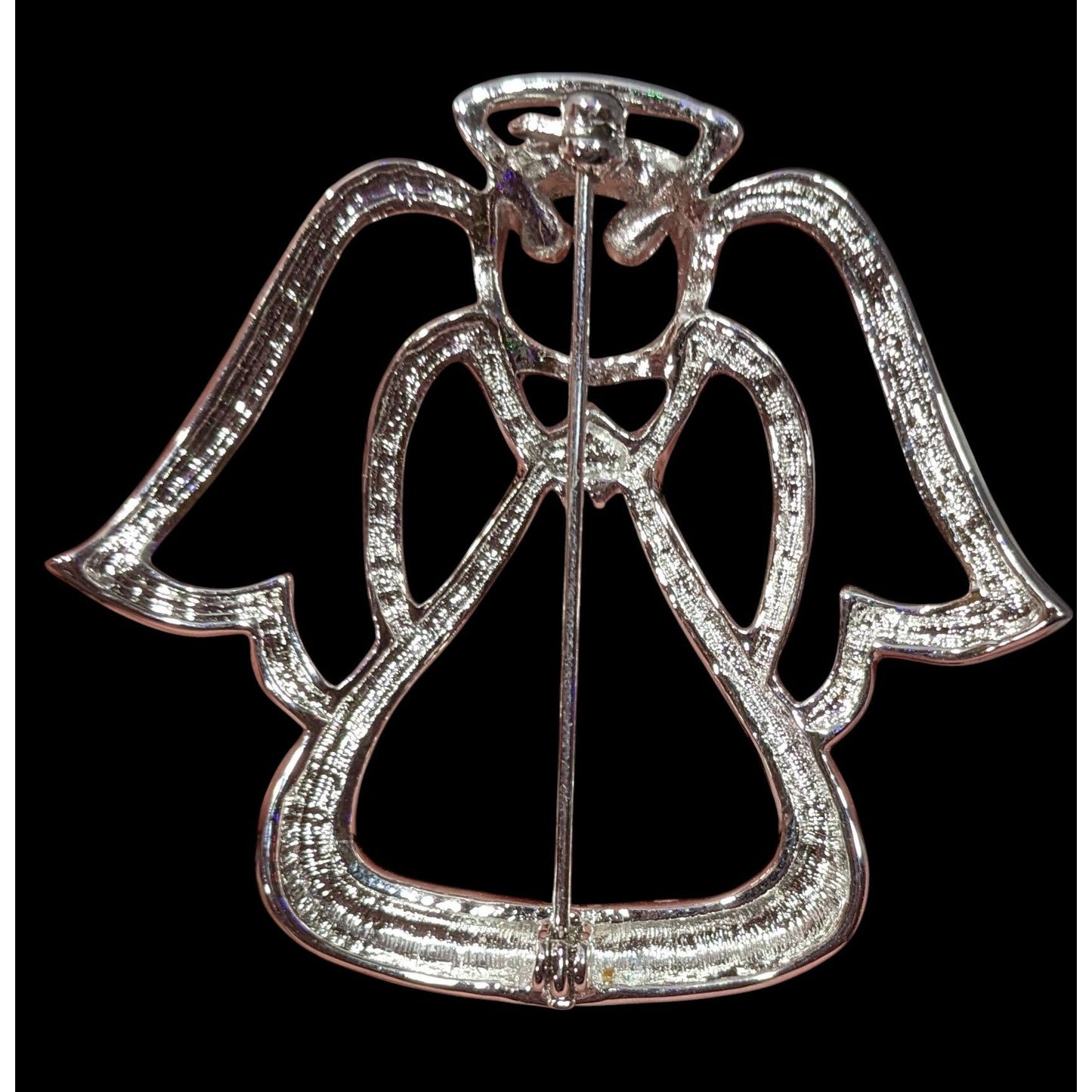 Whimsical Bright Silver Tone Angel Brooch With Rhinestone Eyes