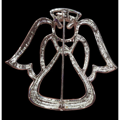 Whimsical Bright Silver Tone Angel Brooch With Rhinestone Eyes