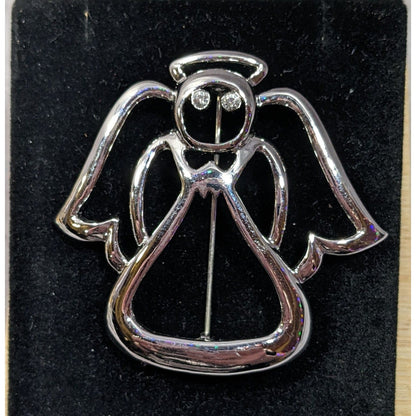 Whimsical Bright Silver Tone Angel Brooch With Rhinestone Eyes