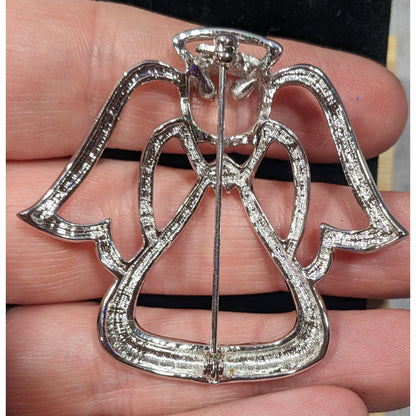 Whimsical Bright Silver Tone Angel Brooch With Rhinestone Eyes
