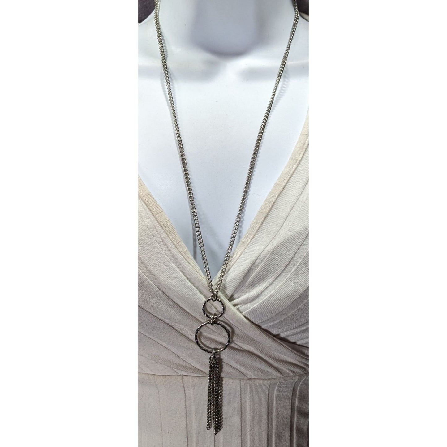 Geometric Multi Ring Silver Tone Tassel Pendant Necklace