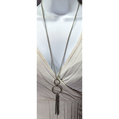 Geometric Multi Ring Silver Tone Tassel Pendant Necklace